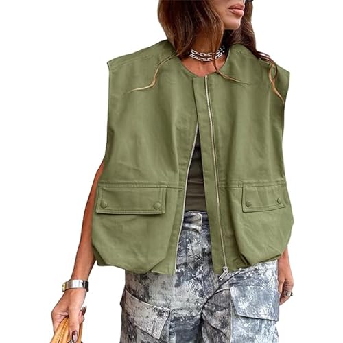 Womens Oversized Zip Up Cargo Vest Ruched Hem Sleeveless Casual Jackets Tops with Pockets