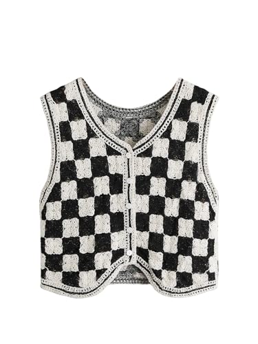 Verdusa Womens Button Front V Neck Sleeveless Crochet Plaid Checkered Knit Sweater Vest