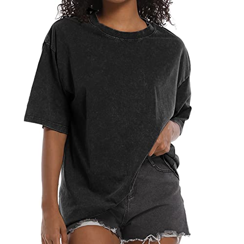 BINTEHGS Oversized Grunge Vintage t Shirts for Women Short Sleeve Cotton Casual Baggy Tees Teens Trendy Crew Neck Loose Tops