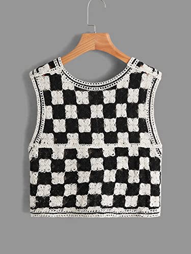 Verdusa Womens Button Front V Neck Sleeveless Crochet Plaid Checkered Knit Sweater Vest